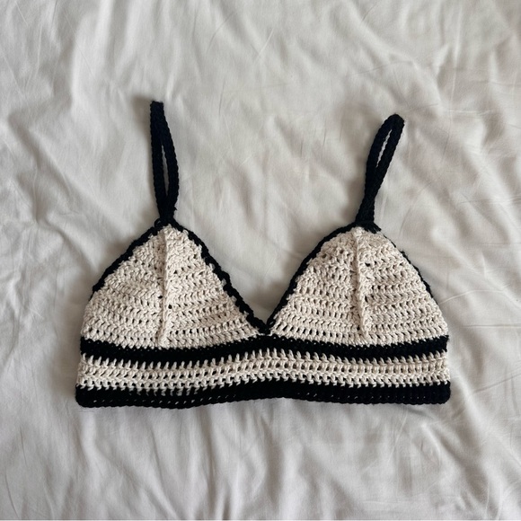 handmade cream + black cotton crochet bralette - Picture 1 of 3